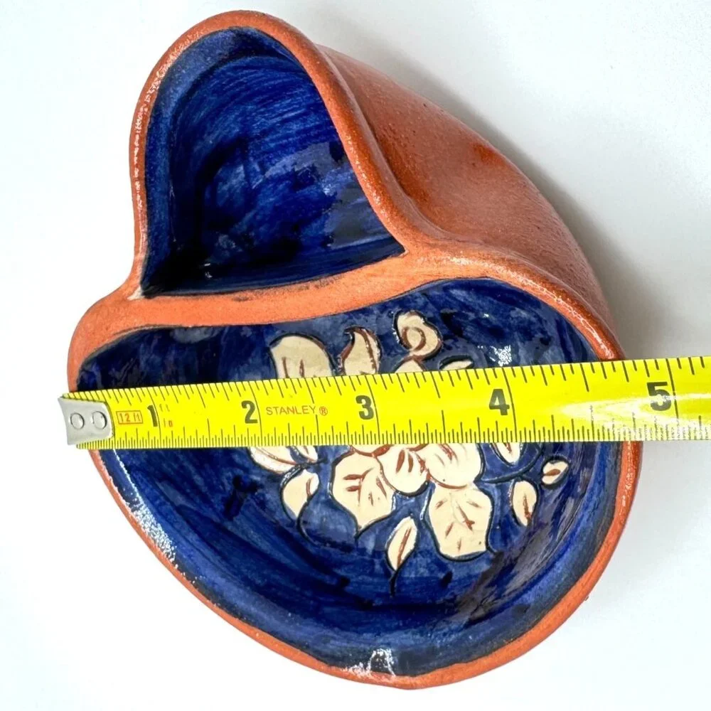 Portuguese Pottery Clay Terracotta Mini Blue Floral Olive Dish Hand-painted (2) - Picture 3 of 7